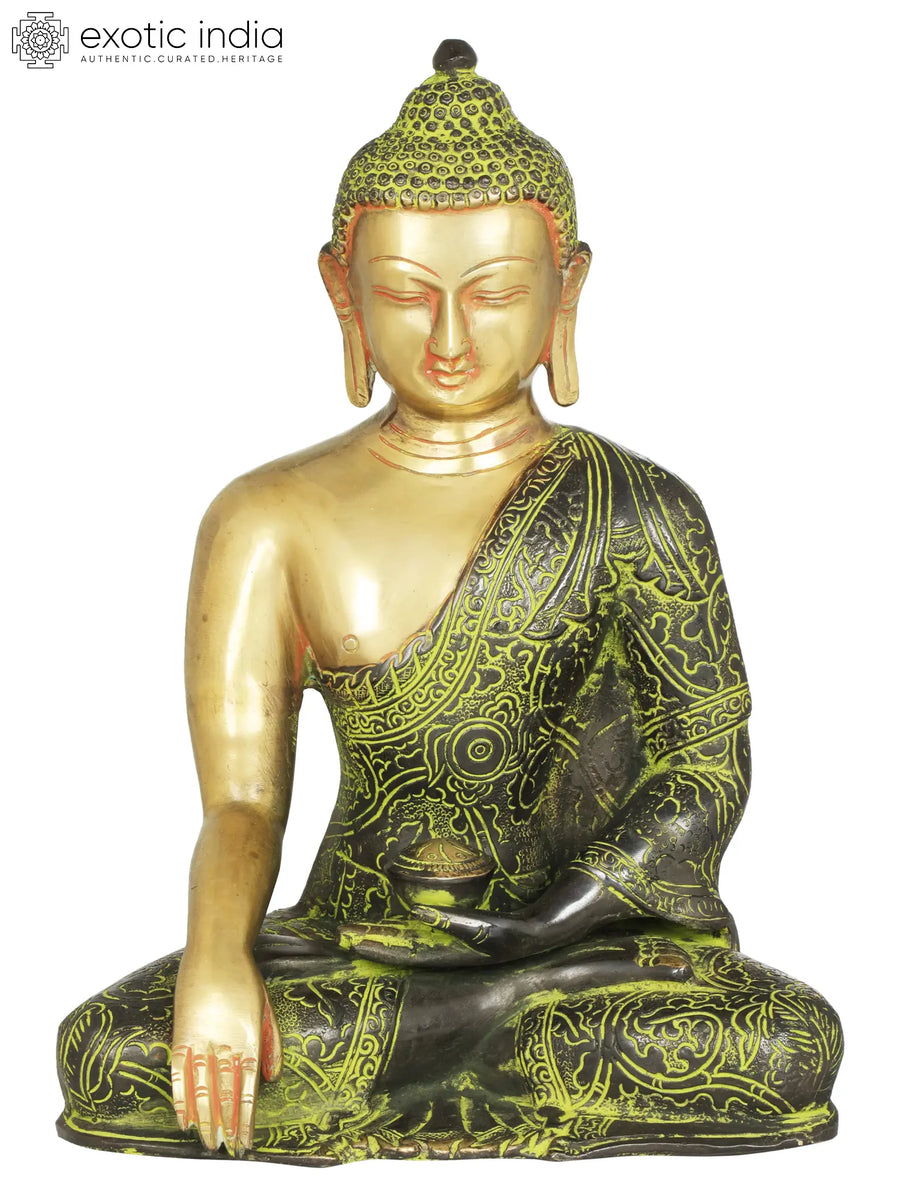 11" Handmade Brass Buddha Statue in Bhumisparsha Mudra with Carved Robe