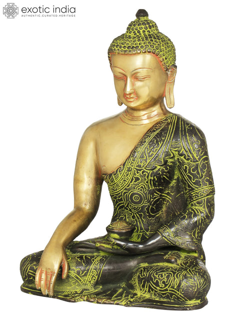 11" Tibetan Buddhist Lord Buddha in Bhumisparsha Mudra Wearing a Carved Robe In Brass | Handmade | Made In India
