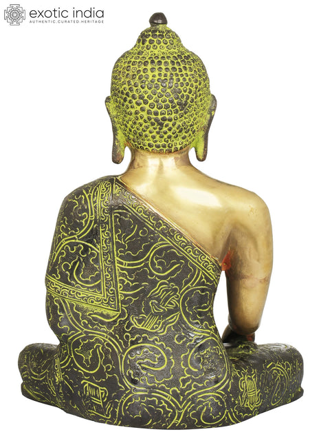 11" Tibetan Buddhist Lord Buddha in Bhumisparsha Mudra Wearing a Carved Robe In Brass | Handmade | Made In India