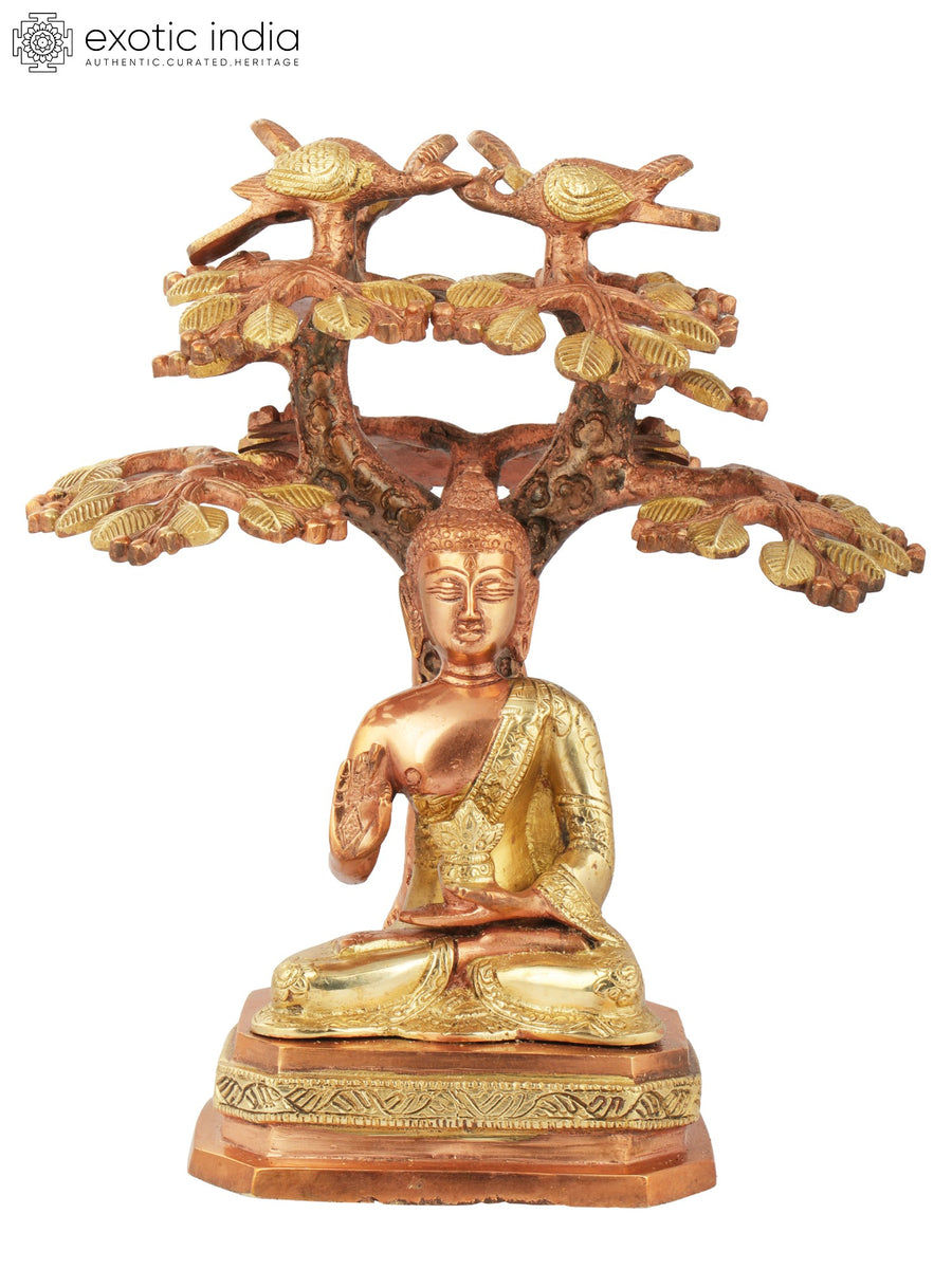 9" Handmade Brass Buddha Preaching Under Bodhi Tree Statue
