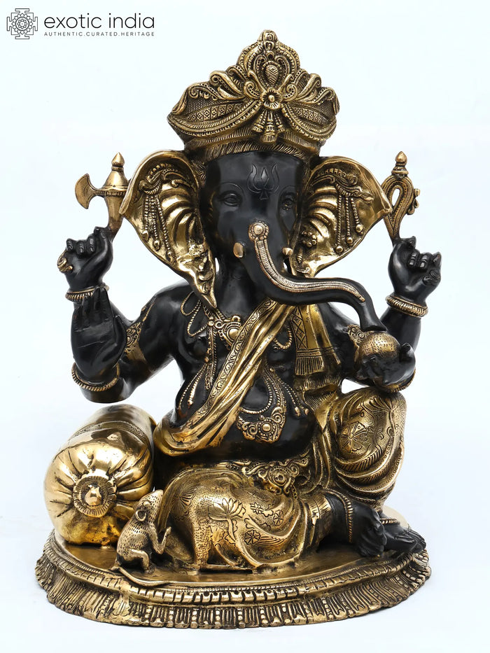22" Handmade Chaturbhuja Ganesha Brass Idol with Chowki and Cushion