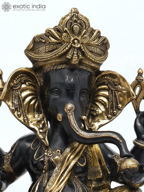 22" Chaturbhuja Relaxing Ganesha Idol Seated on a Chowki with Cushion | Handmade Brass Statue