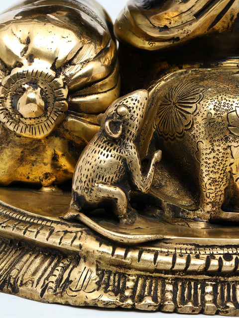 22" Chaturbhuja Relaxing Ganesha Idol Seated on a Chowki with Cushion | Handmade Brass Statue