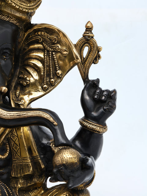 22" Chaturbhuja Relaxing Ganesha Idol Seated on a Chowki with Cushion | Handmade Brass Statue