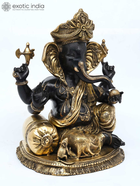 22" Chaturbhuja Relaxing Ganesha Idol Seated on a Chowki with Cushion | Handmade Brass Statue