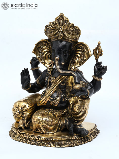 22" Chaturbhuja Relaxing Ganesha Idol Seated on a Chowki with Cushion | Handmade Brass Statue