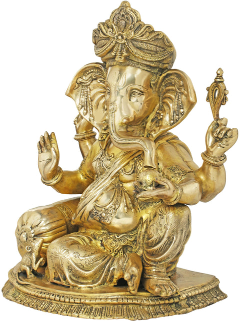 22" Chaturbhuja Relaxing Ganesha Idol Seated on a Chowki with Cushion | Handmade Brass Statue