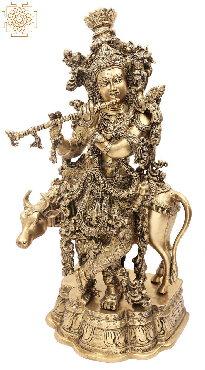 26" Flutist Krishna Brass Idol with Cow Handmade Sculpture
