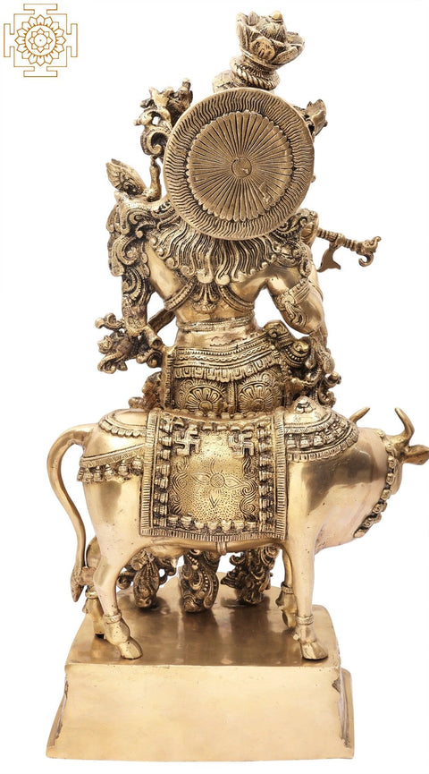 26" Flutist Krishna Brass Idol with His Cow | Unique Brass Sculpture