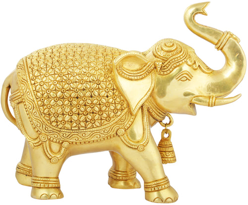 Elephant with Lotus Flowers and Upraised Trunk Brass Statue