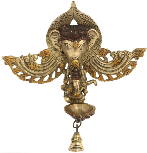 10" Brass Ganesha Dancing Wall Hanging Lamp with Temple Bell
