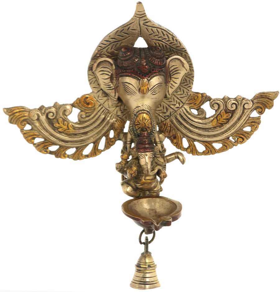 10" Brass Ganesha Dancing Wall Hanging Lamp with Temple Bell