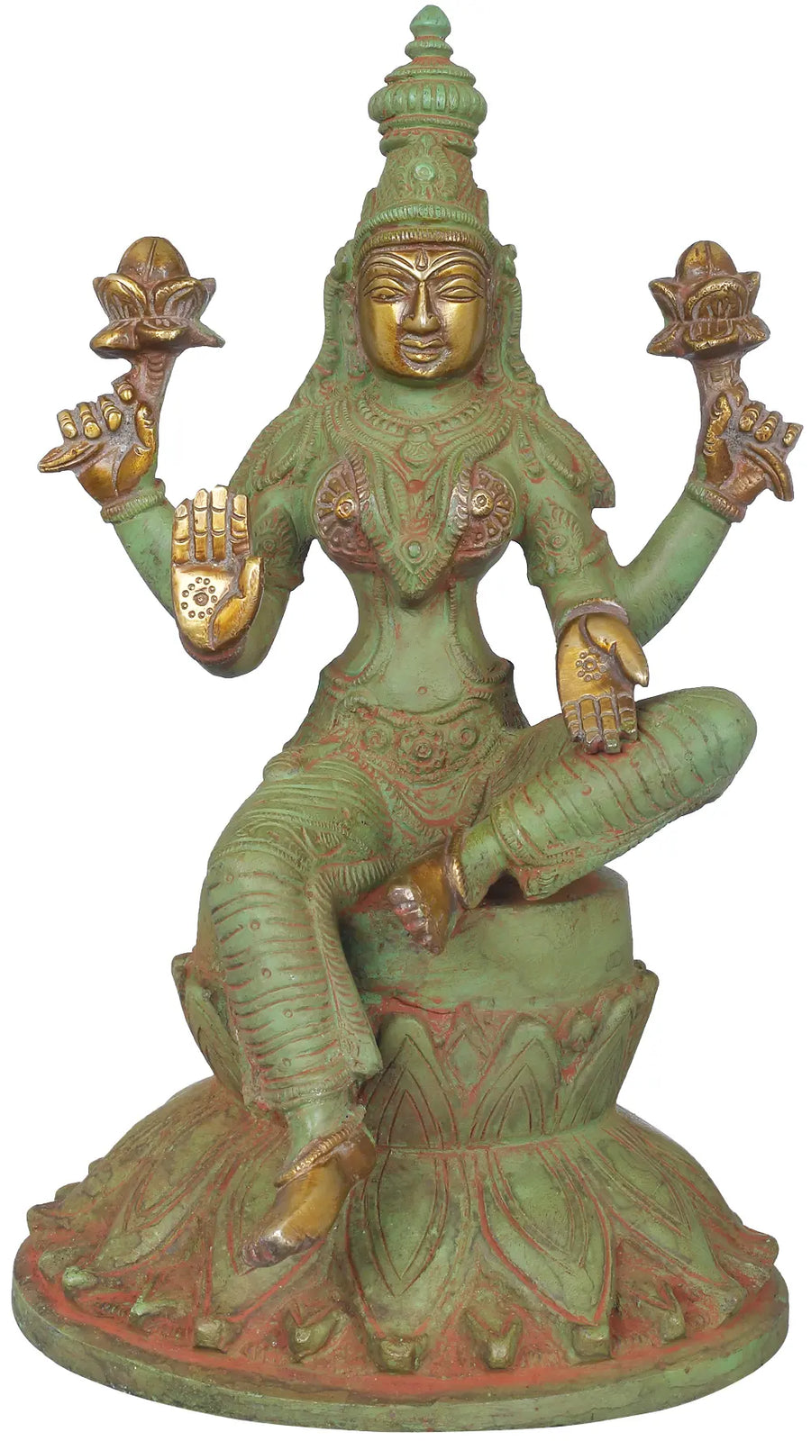 9" Chaturbhujadharini Lakshmi Brass Statue on Lotus Handmade