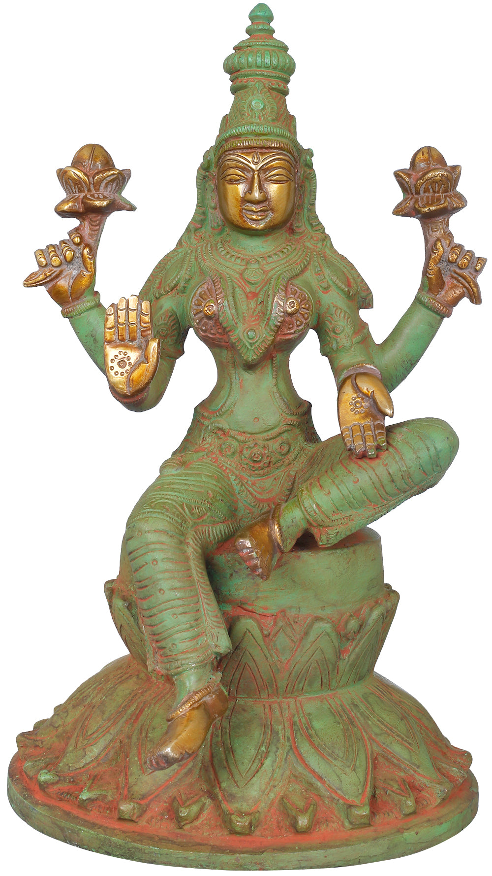 9" Chaturbhujadharini Devi Lakshmi on Giant Lotus | Handmade Brass Statue