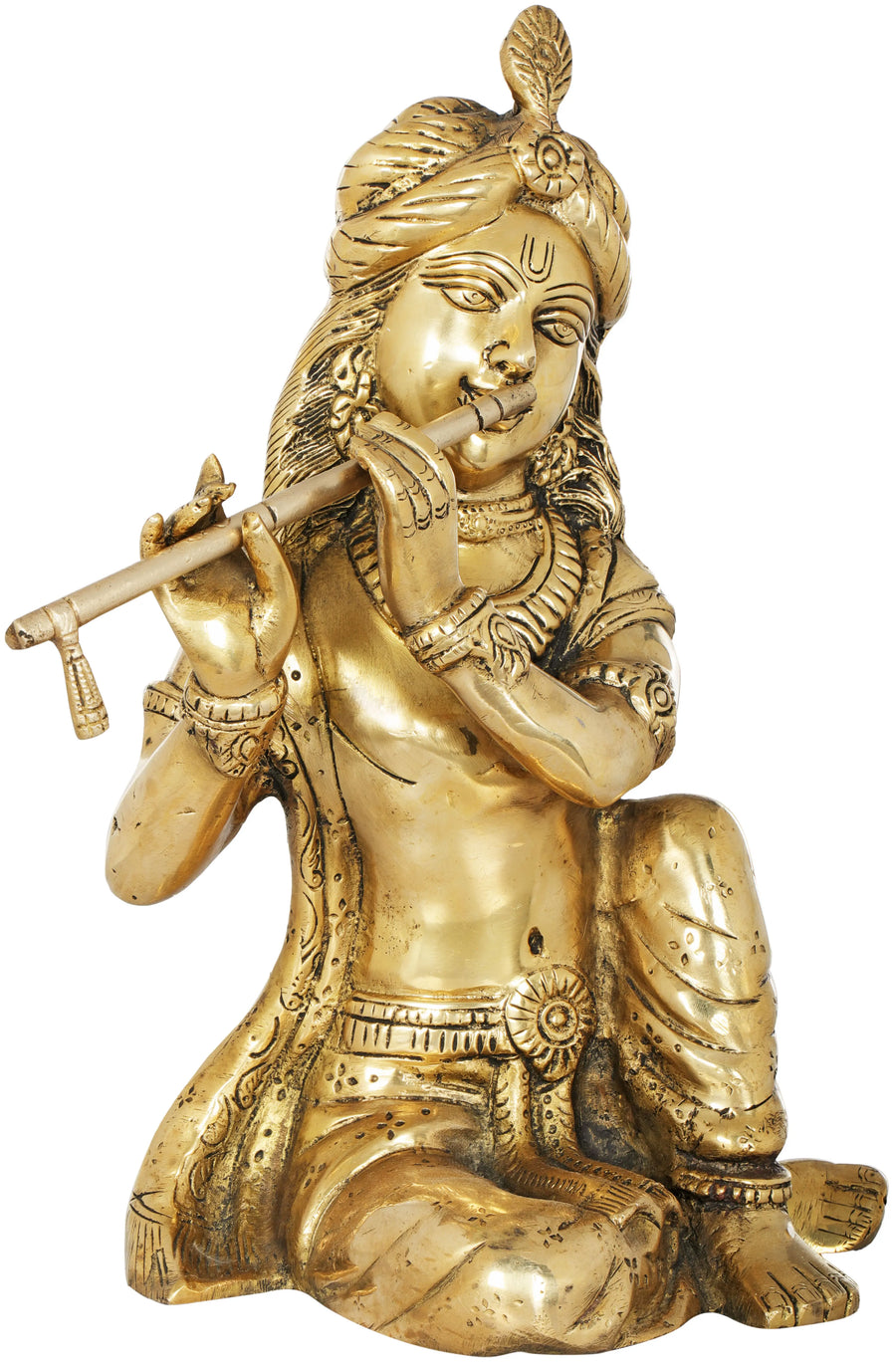 12" Seated Krishna Playing Flute Brass Statue Handmade