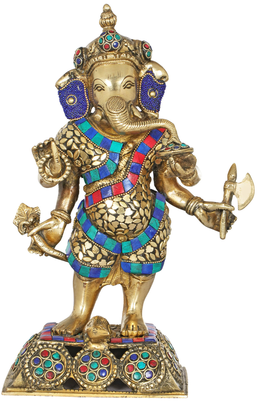 12" Standing Ganesha Brass Statue with Inlay Handmade