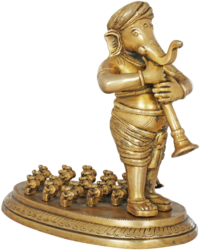 7" Ganesha with Rats Handmade Brass Idol