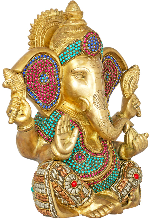 10" Blessing Inlay Ganesha In Brass | Handmade | Made In India