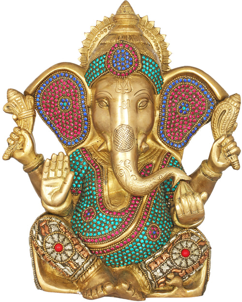 10" Brass Ganesha Blessing Statue Handmade Inlay Home Decor