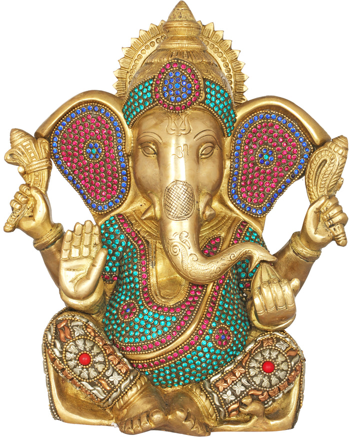 10" Brass Ganesha Blessing Statue Handmade Inlay Home Decor