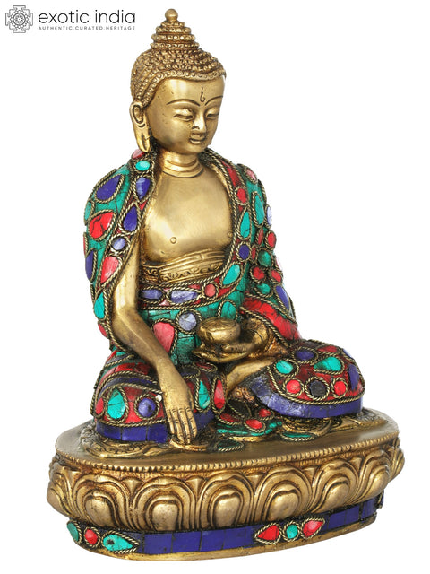 8" Lord Buddha in Bhumisparsha Mudra | Handmade Brass Inlay Statue | Made in India