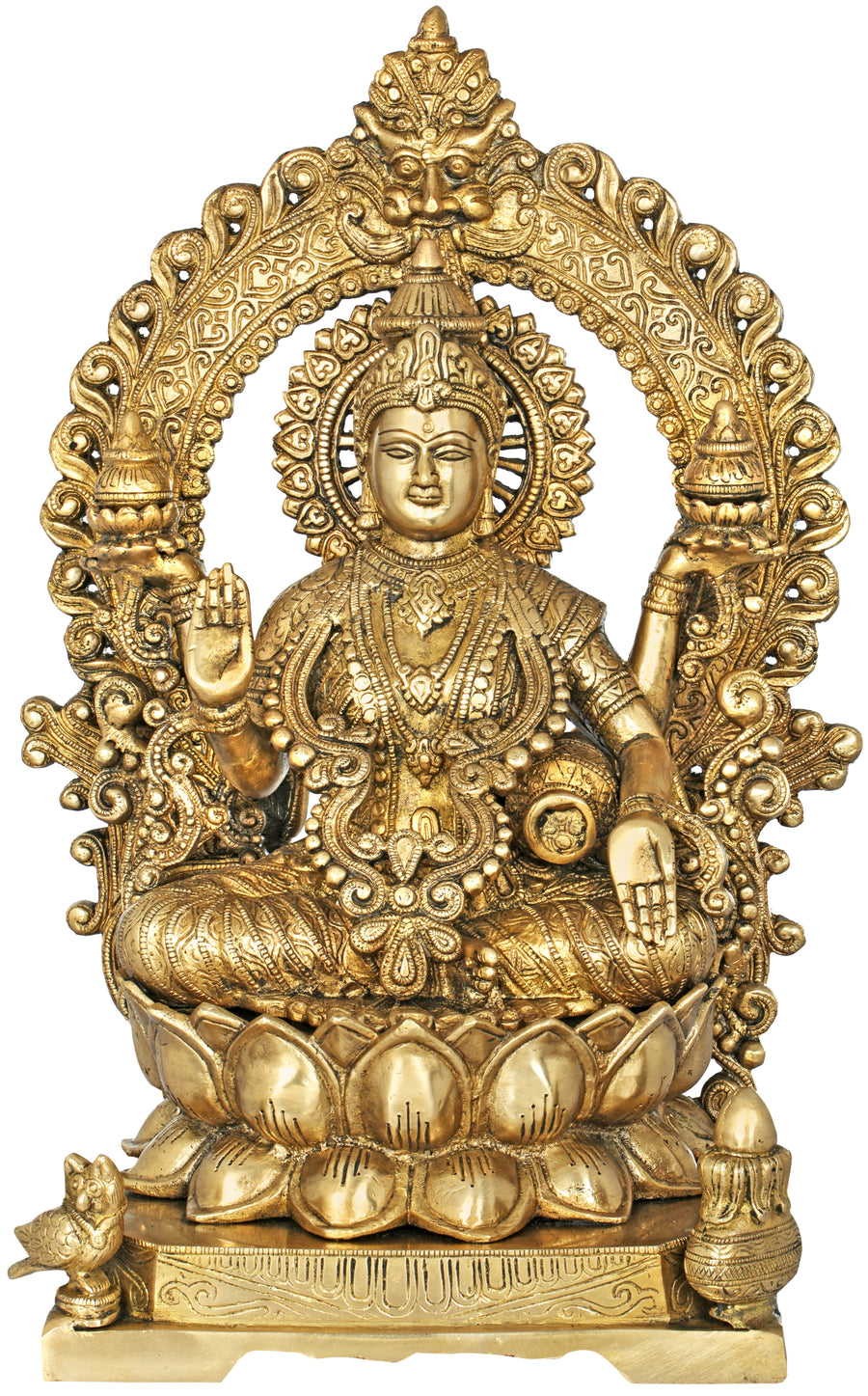 16" Goddess Lakshmi Brass Idol On Lotus Seat With Kirtimukha Prabhawali Handmade