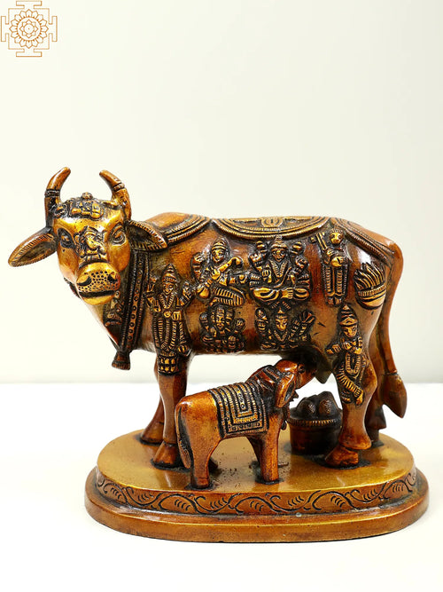 5" Handmade Cow and Calf Brass Statue - Sacred Animal of India
