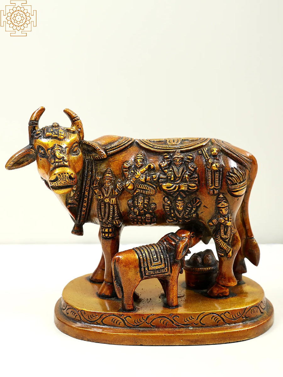 5" Handmade Cow and Calf Brass Statue - Sacred Animal of India