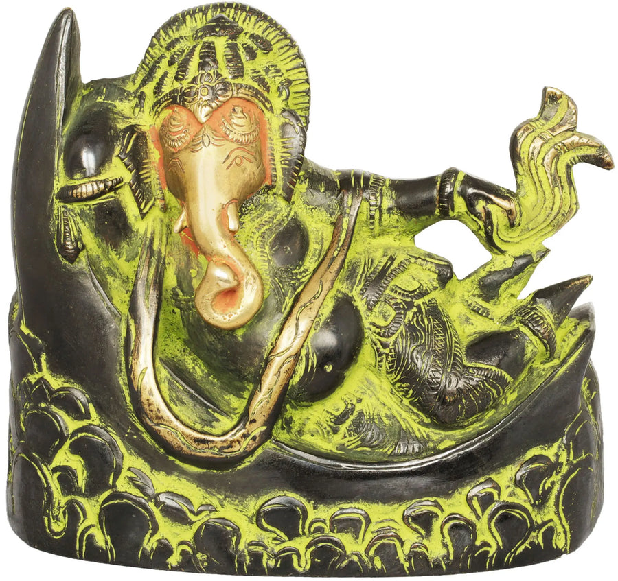 4" Brass Ganesha Idol on Crescent Moon Handmade Statue