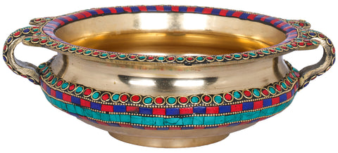 Brass Inlay Urli - Traditional Indian Decorative Vessel