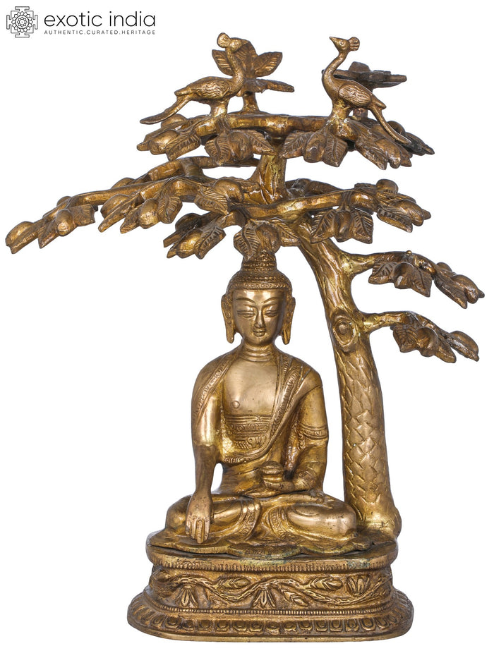 12" Lord Buddha Under Bodhi Tree Brass Statue Handmade