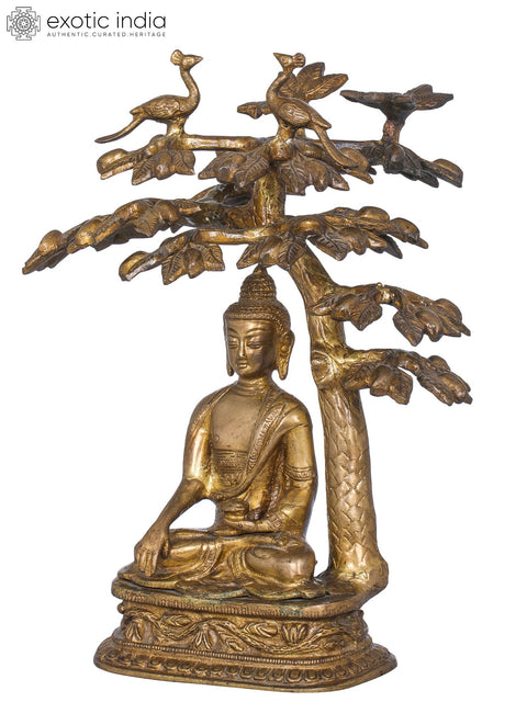 12" Lord Buddha Attaining Spiritual Enlightenment Under The Bodhi Tree - Tibetan Buddhist In Brass | Handmade | Made In India