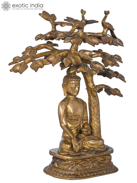 12" Lord Buddha Attaining Spiritual Enlightenment Under The Bodhi Tree - Tibetan Buddhist In Brass | Handmade | Made In India