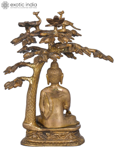 12" Lord Buddha Attaining Spiritual Enlightenment Under The Bodhi Tree - Tibetan Buddhist In Brass | Handmade | Made In India