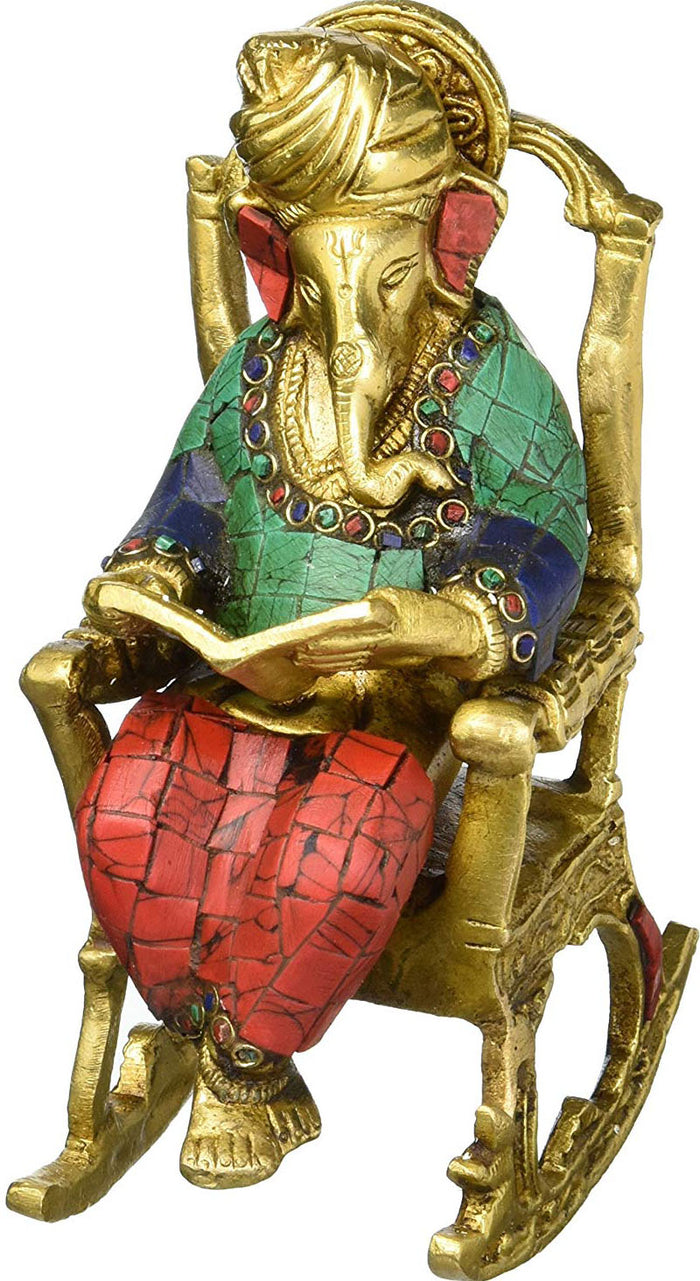 7" Lord Ganesha Reading Book Brass Statue Handmade