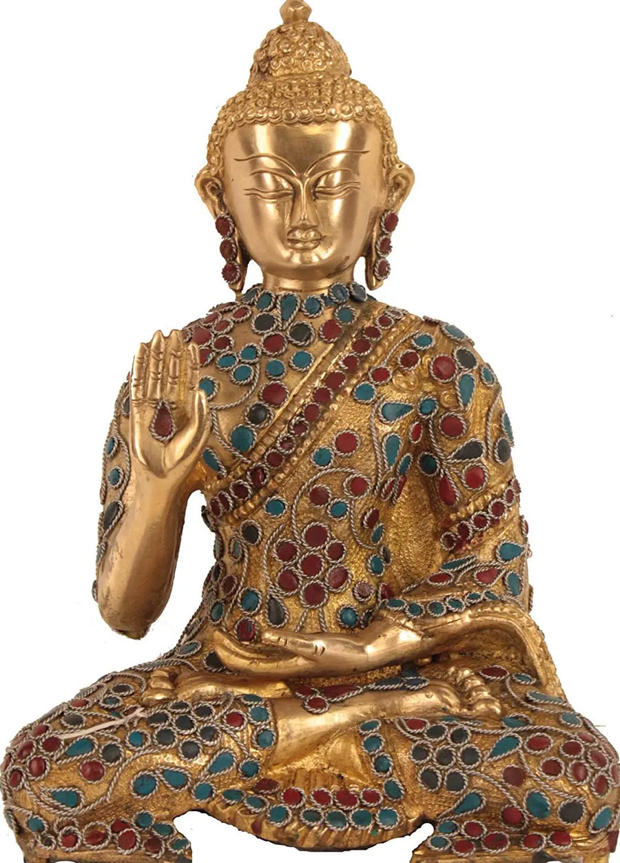 11" Lord Buddha Brass Idol in Abhaya Mudra with Inlay Work