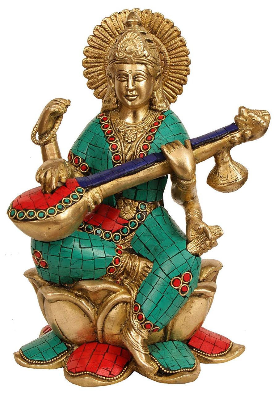 10" Goddess Saraswati Brass Idol Seated on Lotus Playing Veena