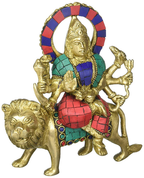 6" Mother Durga Sitting on Tiger Inlay Statue in Brass | Handmade | Made in India