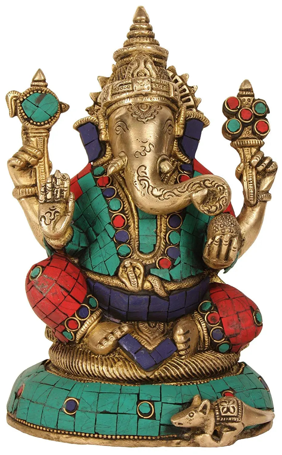 7" Blessing Ganesha Brass Statue with Inlay | Handmade | Made in India