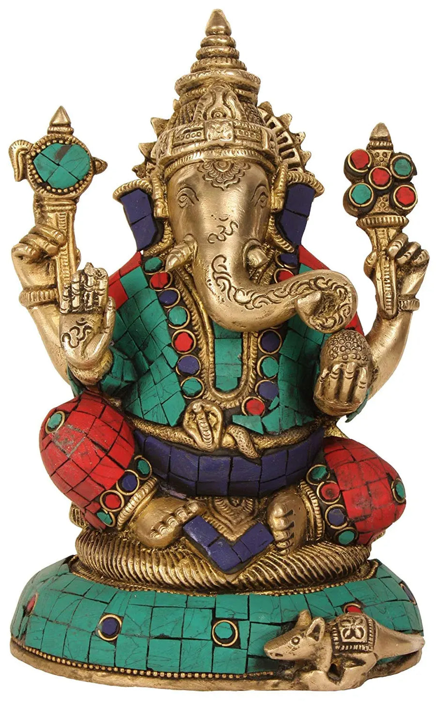 7" Blessing Ganesha Brass Statue with Inlay Handmade