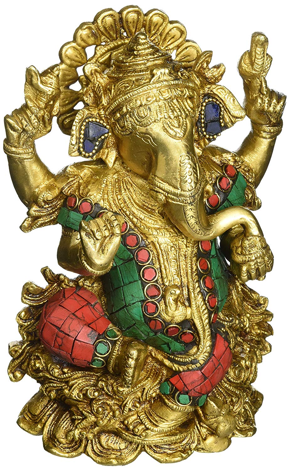 7" Lord Ganesh Sitting on Lotus with Inlay In Brass | Handmade | Made In India
