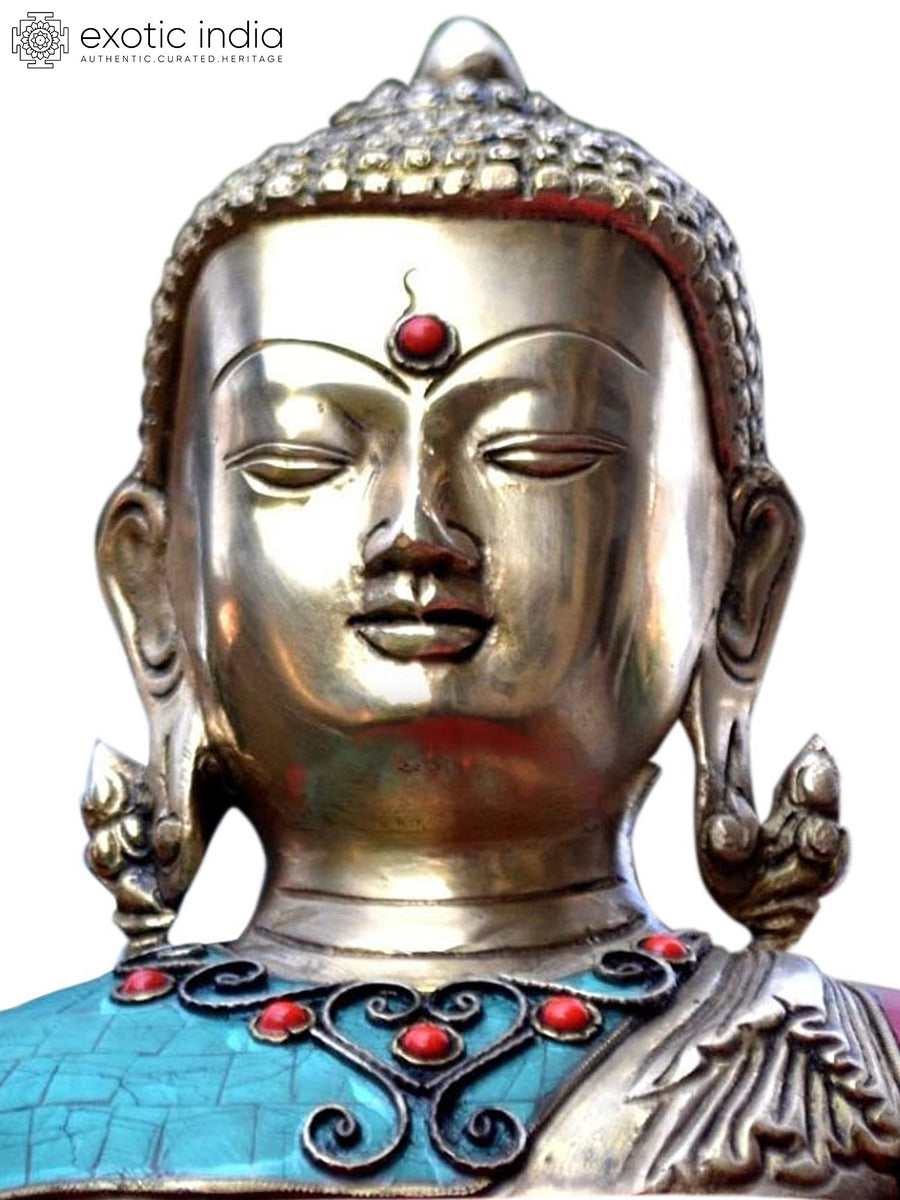 8" Tibetan Buddha Head Brass Statue with Inlay Handmade