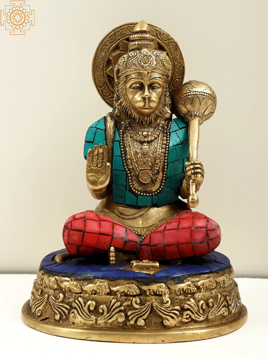 4" Handmade Blessing Lord Hanuman Brass Statue with Inlay Work