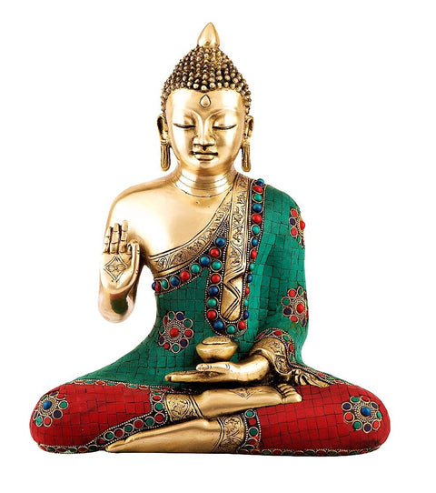 15" Tibetan Blessing Buddha with Inlay In Brass | Handmade | Made In India