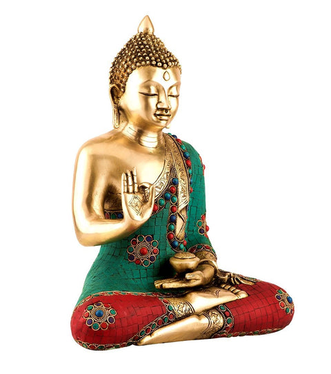 15" Tibetan Blessing Buddha with Inlay In Brass | Handmade | Made In India