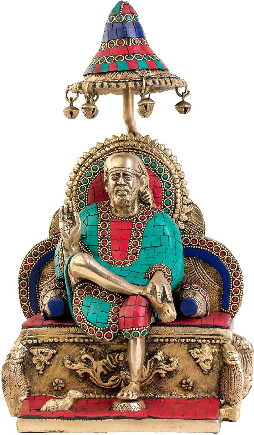 12" Sai Baba Seated on Throne Brass Statue Handmade