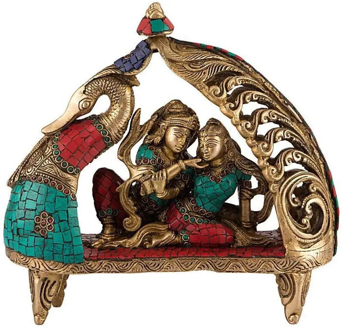 10" Radha Krishna Peacock Boat Brass Statue with Inlay Work