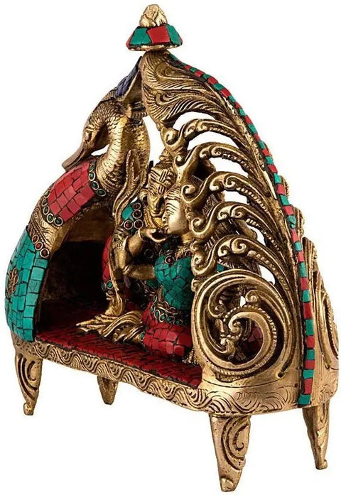 10" Radha Krishna Sitting on Peacock Boat with Inlay Work In Brass | Handmade | Made In India