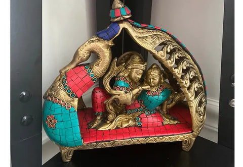 10" Radha Krishna Sitting on Peacock Boat with Inlay Work In Brass | Handmade | Made In India