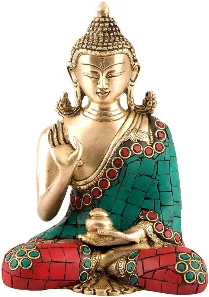6" Handmade Lord Buddha Blessing Statue Brass with Inlay
